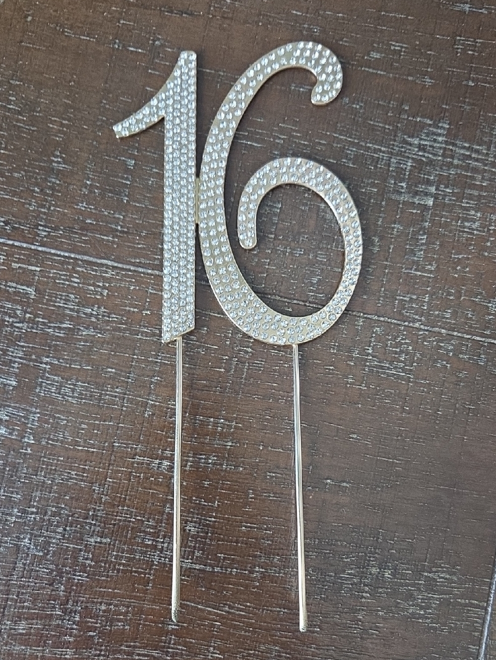 '16th' Birthday Cake Topper Decoration, Crystal Rhinestone Gold Color Metal, NWT
